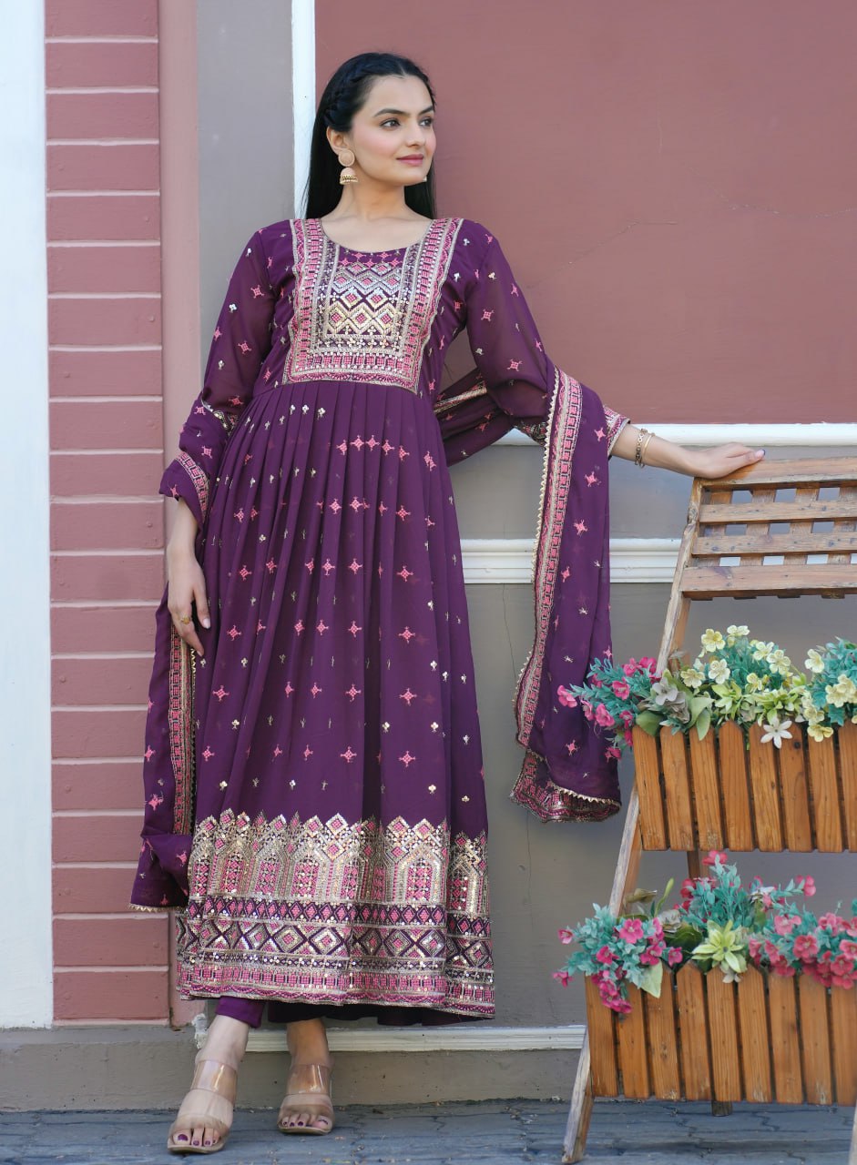 Yash Enterprise Wine Georgette Party Wear Embroidery Party Wear Suit Set