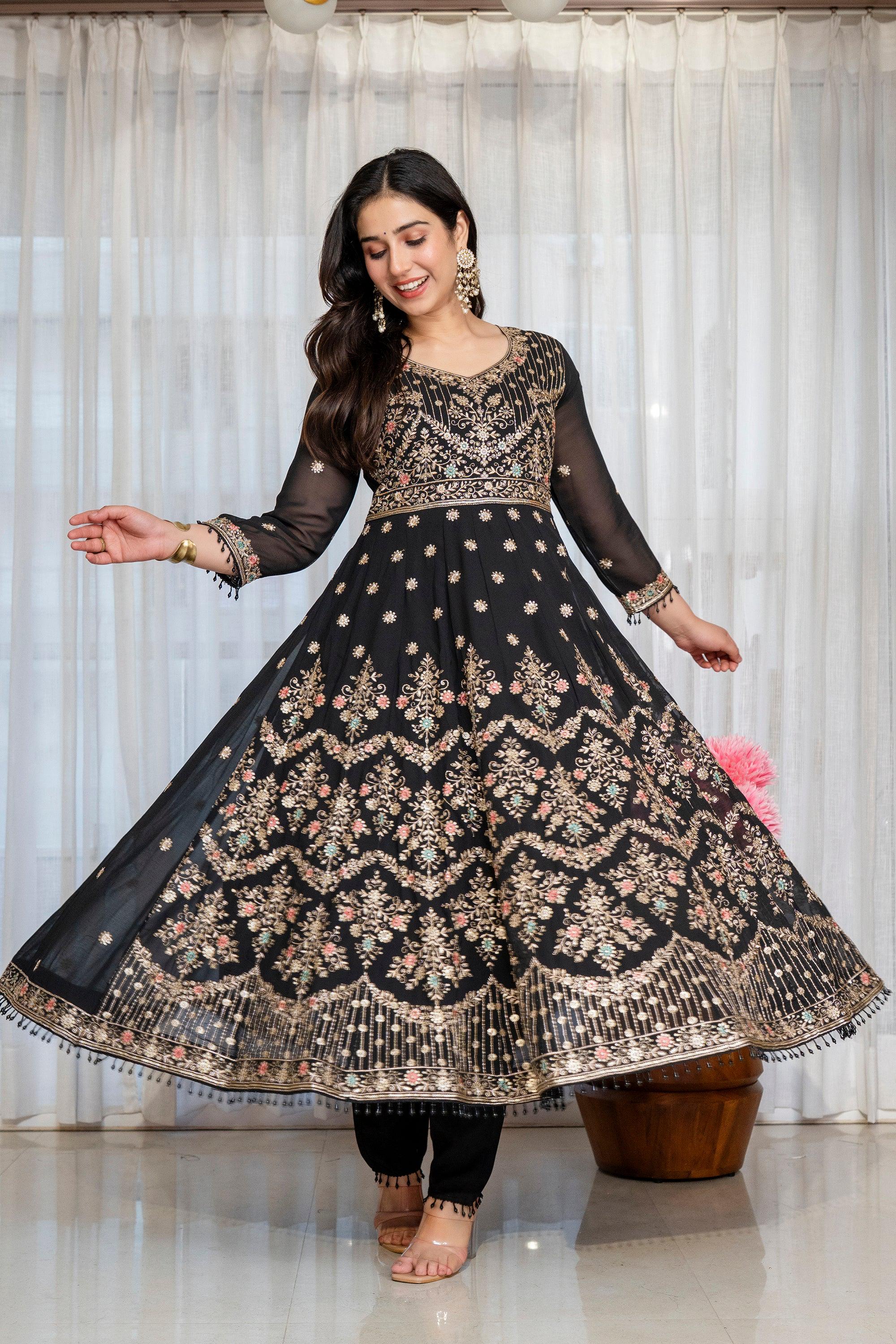 Yash Enterprise Black Georgette Party Wear Anarkali Suit Set - Dista