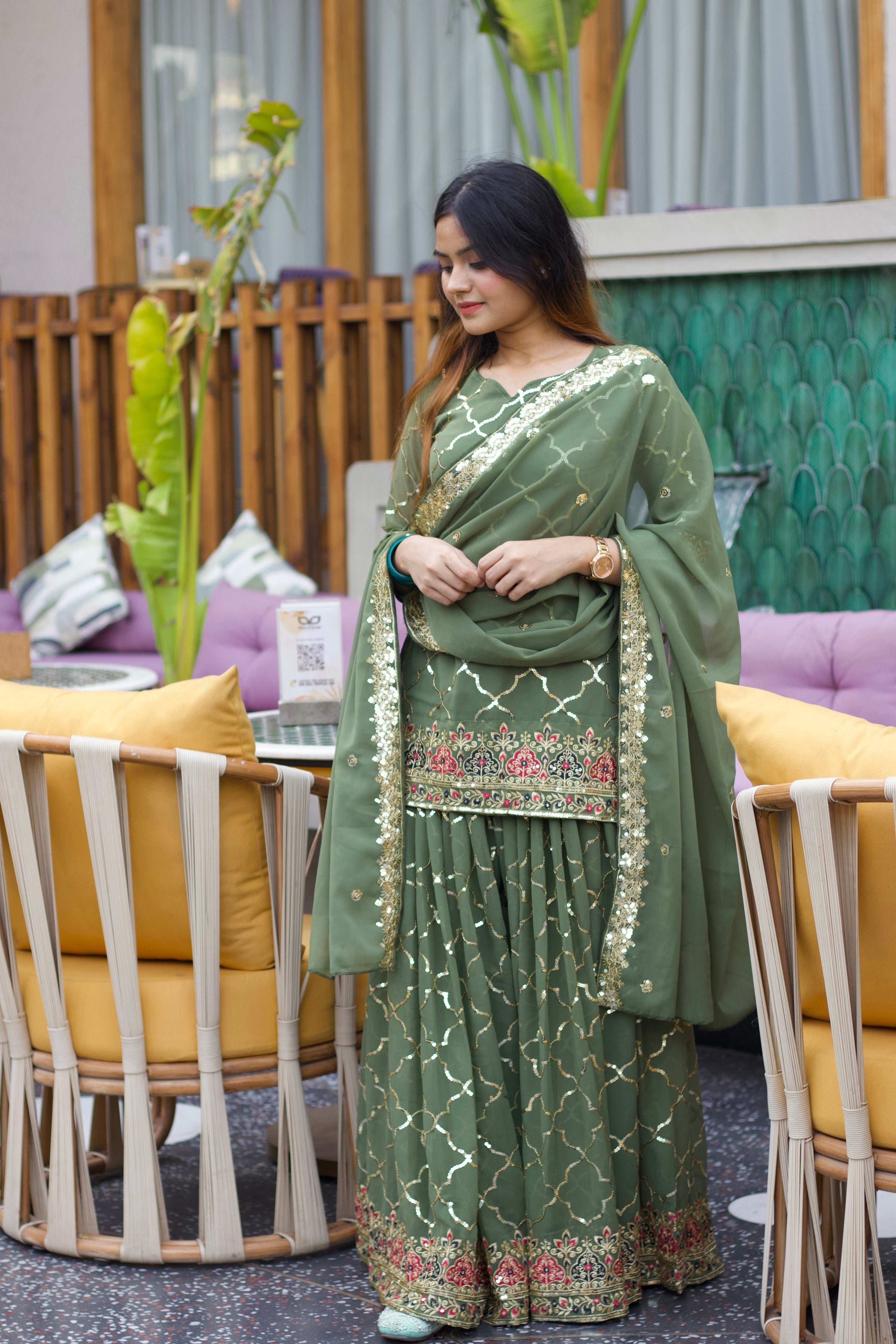 Yash Enterprise Green Georgette Embroidery Party Wear Suit Set