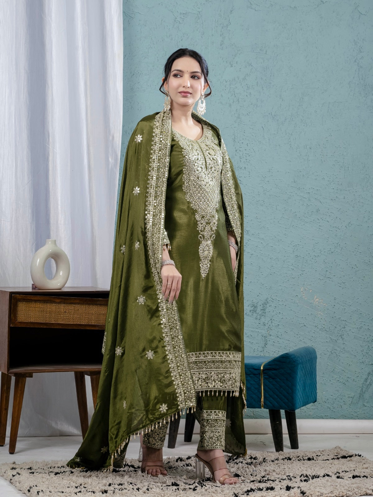 Yash Enterprise Mahendi Chinon Silk Embroidery Party Wear Suit Set