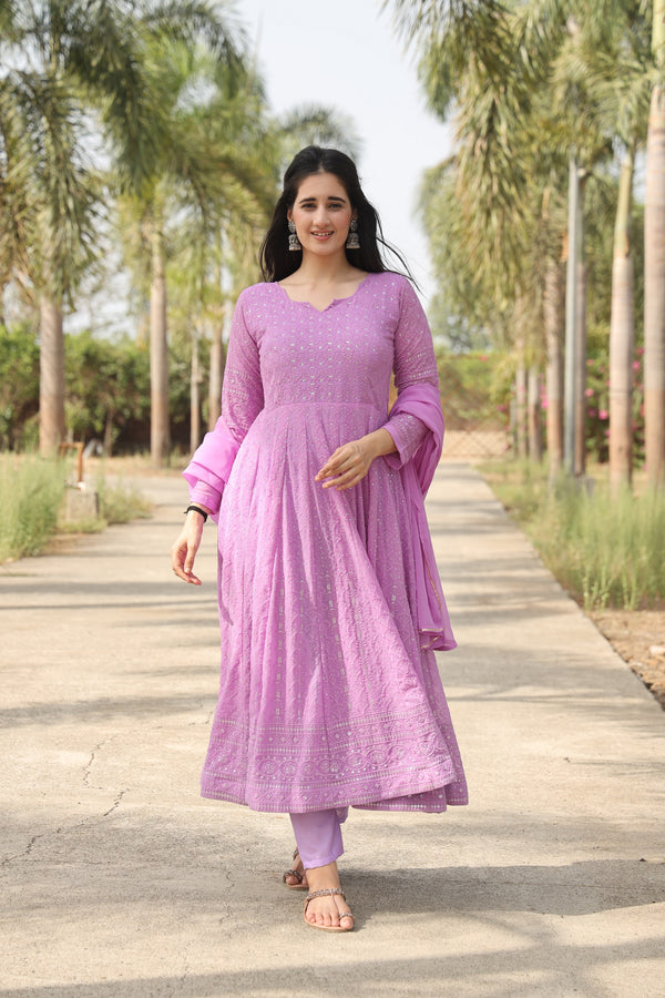 Yash Enterprise Purple Georgette Embroidery Party Wear Suit Set