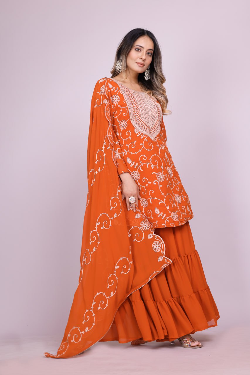 Yash Enterprise Orange Chinon Silk Party Wear Embroidery Suit Set