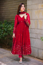 Thumbnail for Yash Enterprise Maroon Faux Georgette Party Wear Suit Set