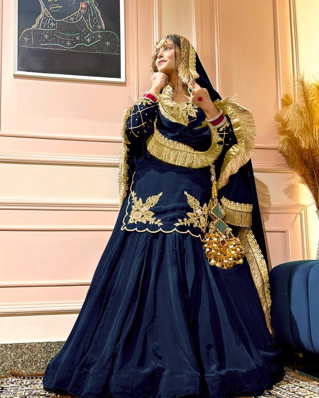 Yash Enterprise Navy Blue Natural Crep Silk Full Sleeve Top Lehengha
