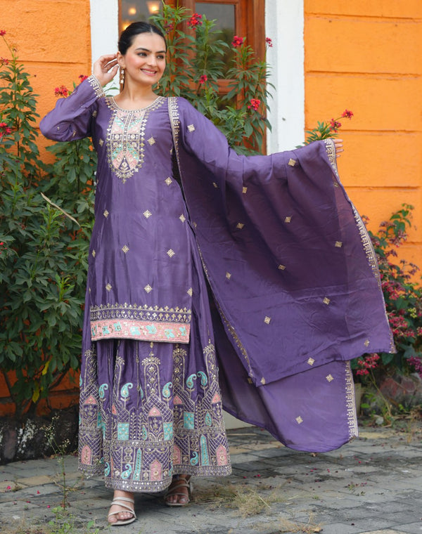 Yash Enterprise Purple Chinon Silk Party Wear Embroidery Suit Set