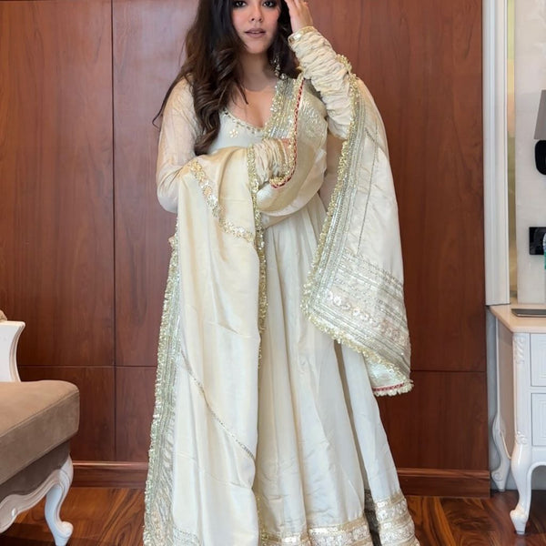 Yash Enterprise Of White Chinon Silk With Embroidery Zari Sequins-Work