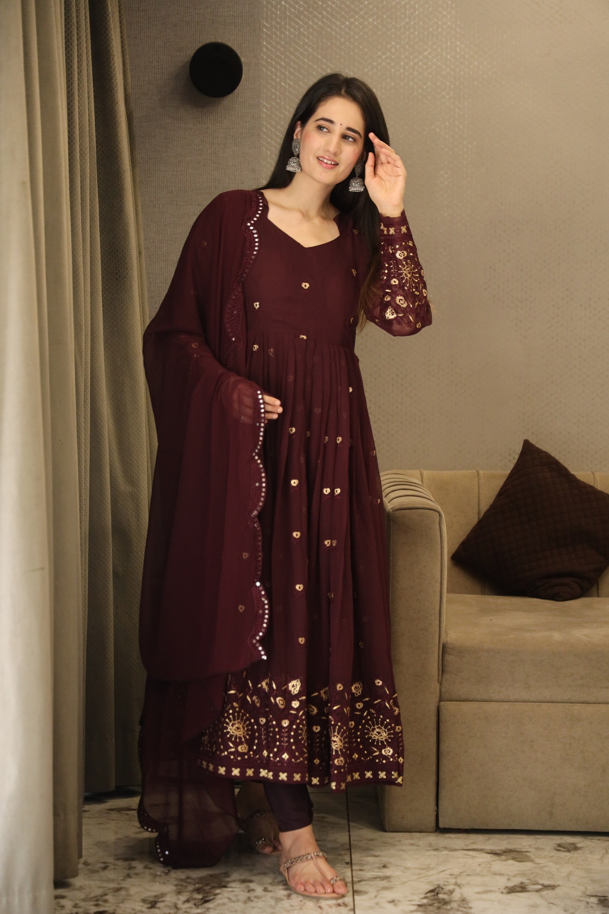 Yash Enterprise Wine Coloured Anarkali Embroidery Suit Set Stitched