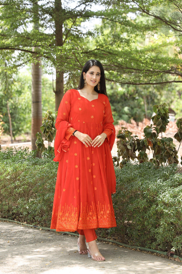 Yash Enterprise Orange Georgette Embroidery Party Wear Suit Set