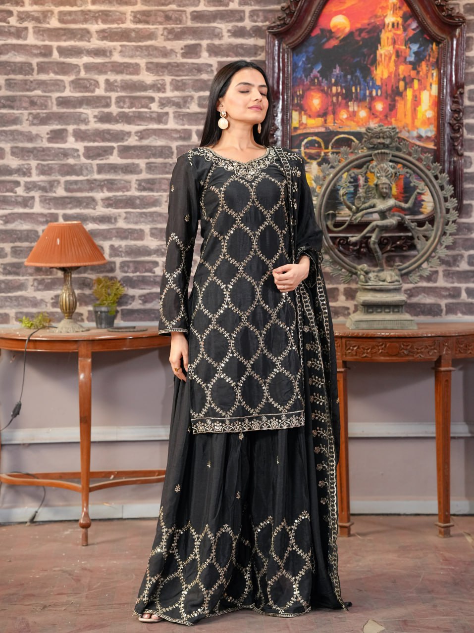 Yash Enterprise Black Chinon Silk Party Wear Embroidery Party Wear Suit Set