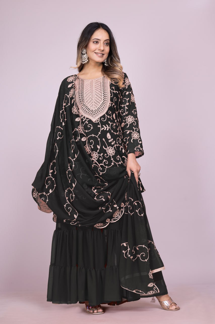 Yash Enterprise Black Chinon Silk Party Wear Embroidery Suit Set
