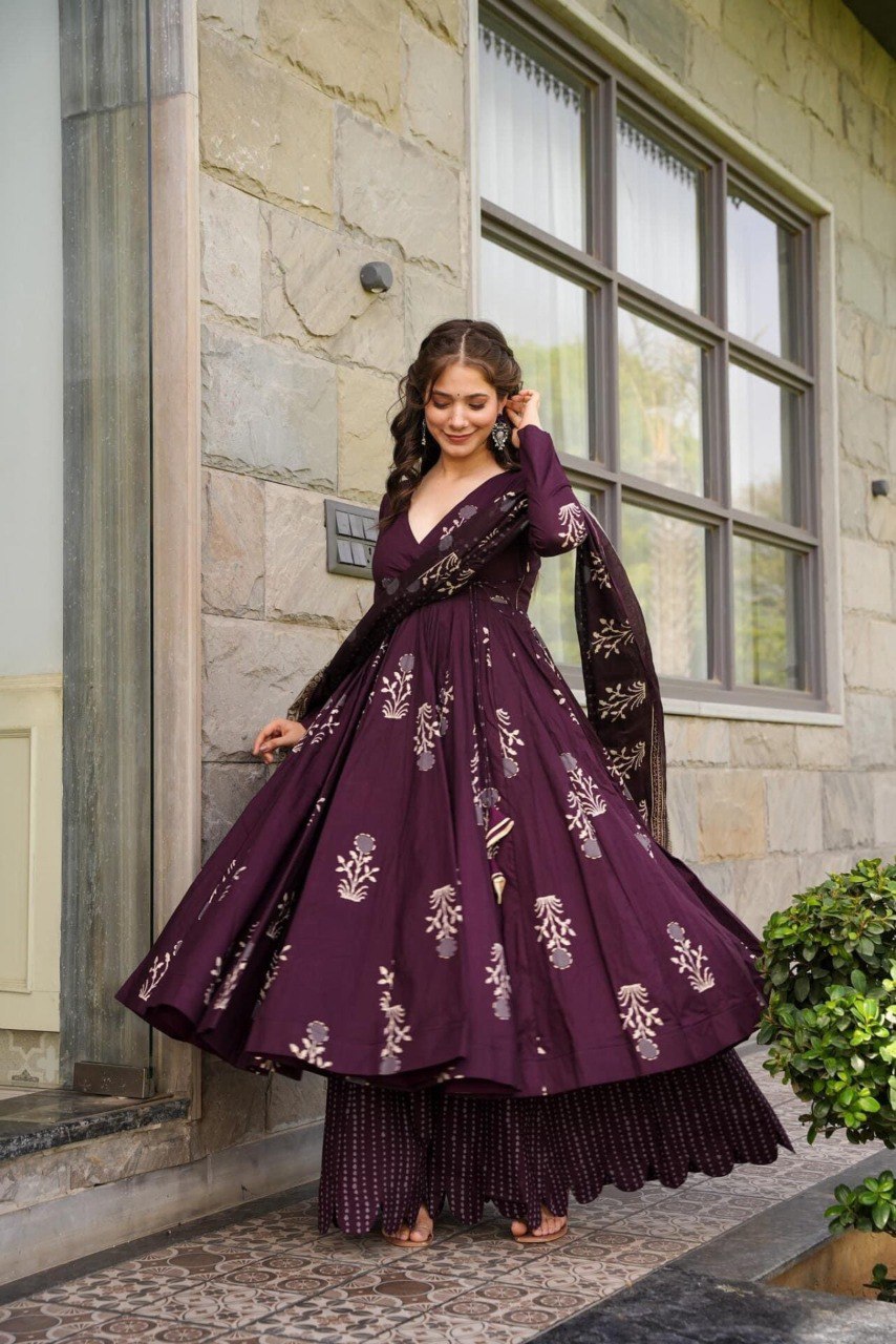 Yash Enterprise Coffee Maslin Fabric Digital Print Work Anarkali Suit Set