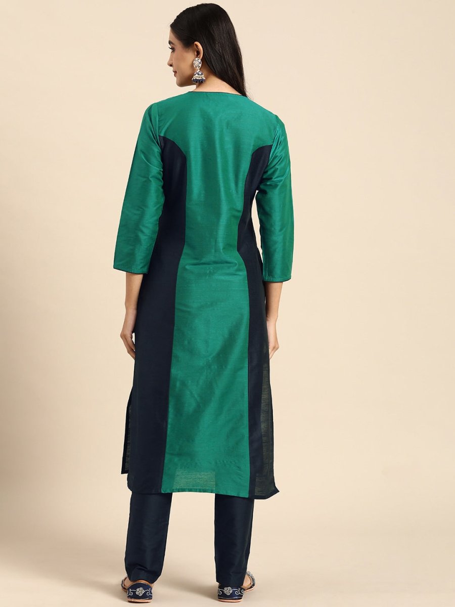 All About You Women Green & Navy Blue Colourblocked Kurta with Trousers - Distacart