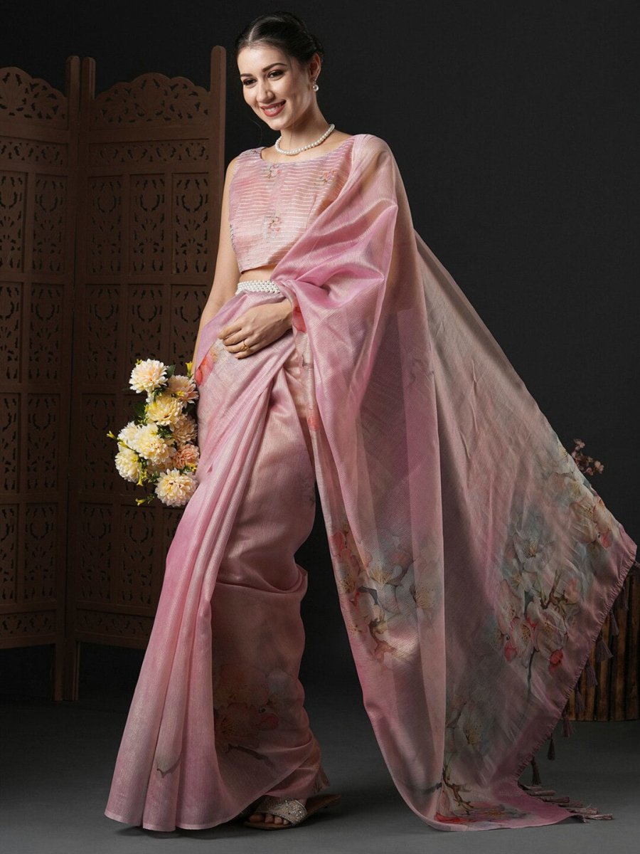 Anouk Pink & Green Floral Printed Organza Saree - Distacart
