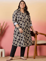 Thumbnail for Sztori Plus Size Floral Printed Shirt Collar Roll-Up Sleeves Crepe Pathani Kurta