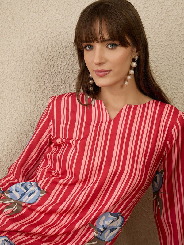 Indo Era Women Solid V-Neck Regular Kurta with Trousers