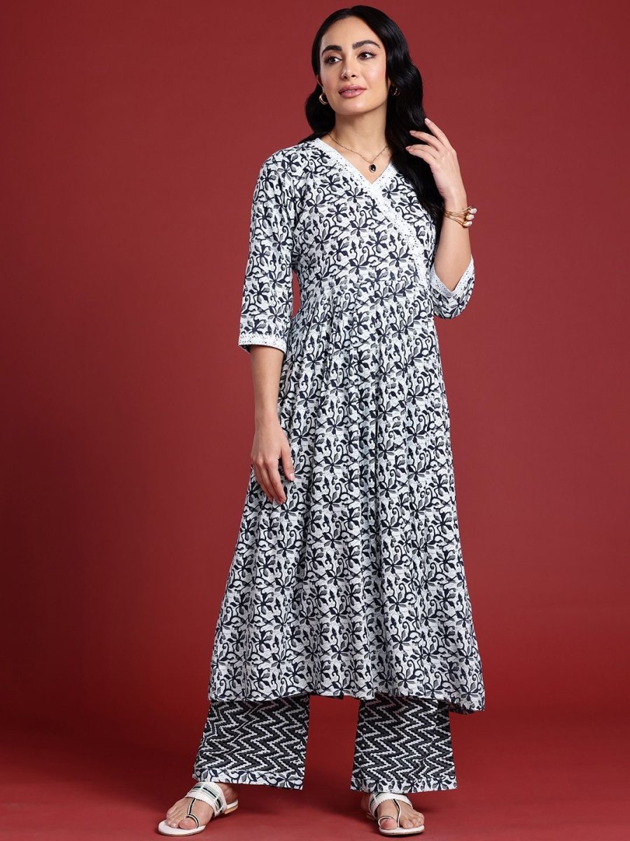 Anouk Women Floral Printed Angrakha Kurta with Palazzos - Distacart