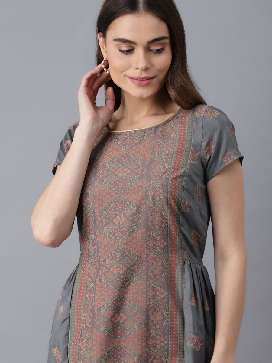 AURELIA Grey Floral Ethnic A-Line Midi Dress - Distacart