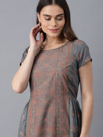 Thumbnail for AURELIA Grey Floral Ethnic A-Line Midi Dress