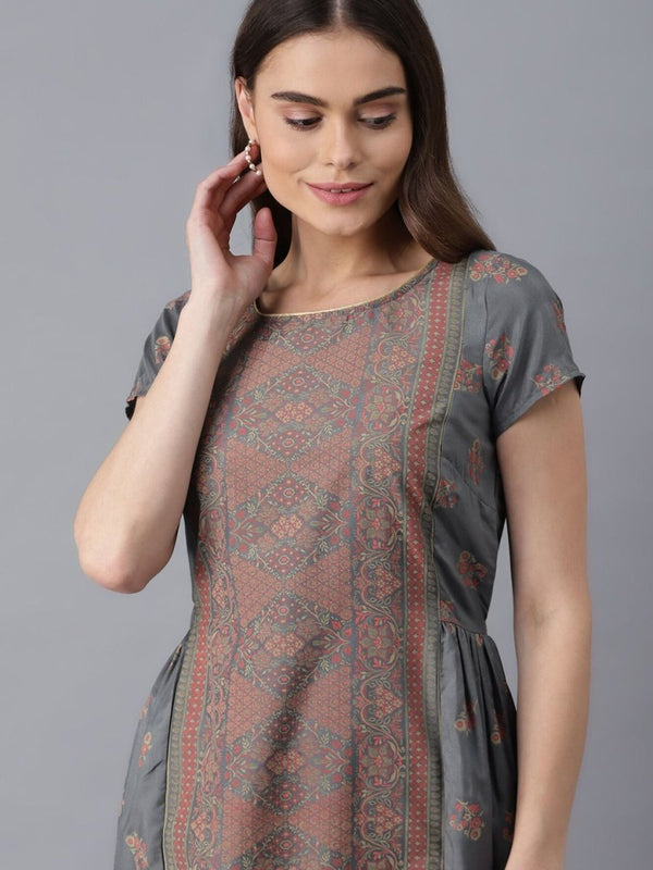 AURELIA Grey Floral Ethnic A-Line Midi Dress