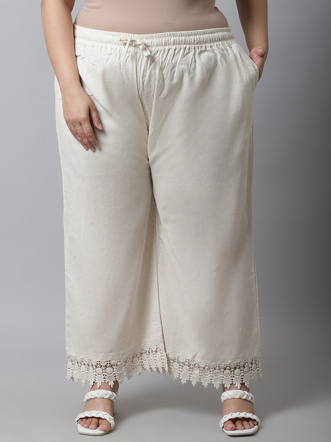 TAG 7 Women Plus Size Cream-Coloured Linen Ethnic Palazzos - Distacart