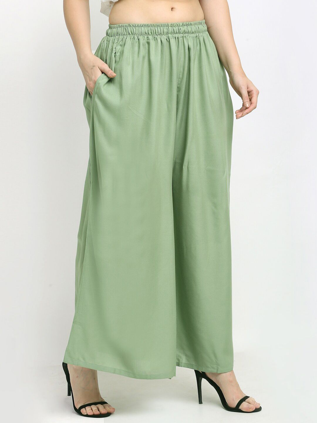 TAG 7 Women Sage Green Solid Flared Fit Ethnic Palazzos - Distacart