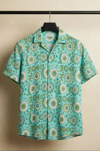 Medallion — Teal Ajrakh Cotton Shirt by Hilo Design - Dista