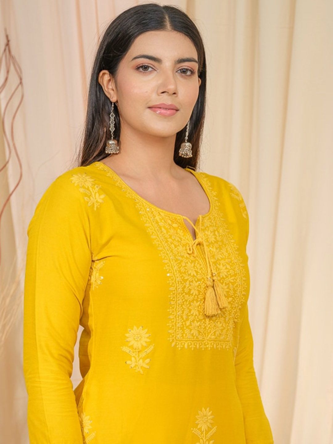 Ode by House of Pataudi Floral Embroidered Tie-Up Neck Straight Kurta - Distacart