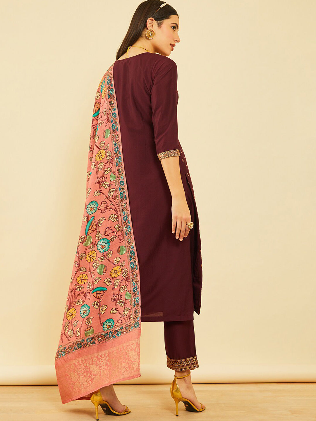 Soch Women Maroon Ethnic Motifs Printed Straight Kurta With Trousers & Dupatta - Distacart