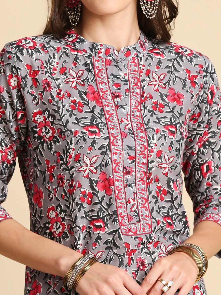 Anubhutee Women Grey & Pink Pure Cotton Floral Print Kurta with Trousers & Dupatta - Distacart