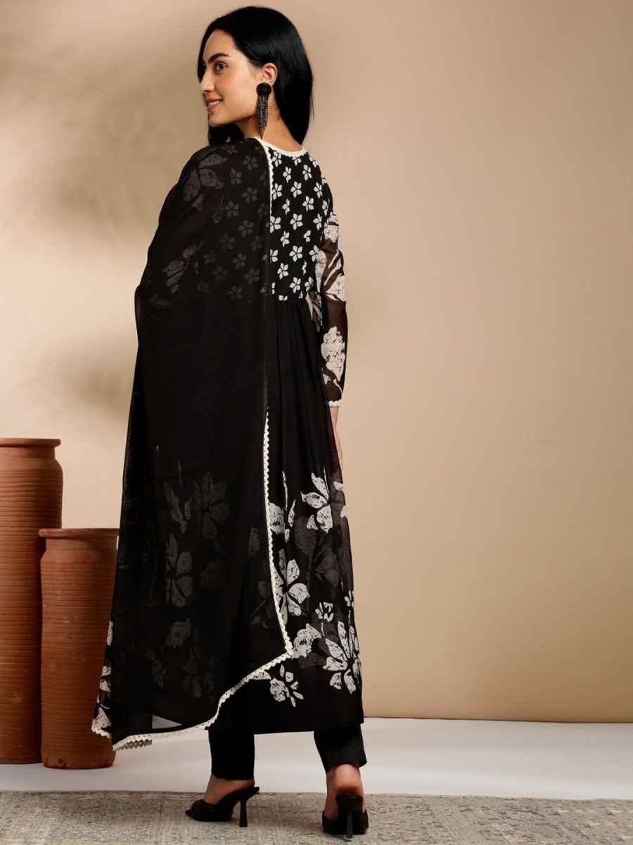 Anouk Floral Printed Empire Thread Work Kurta with Trousers & Dupatta