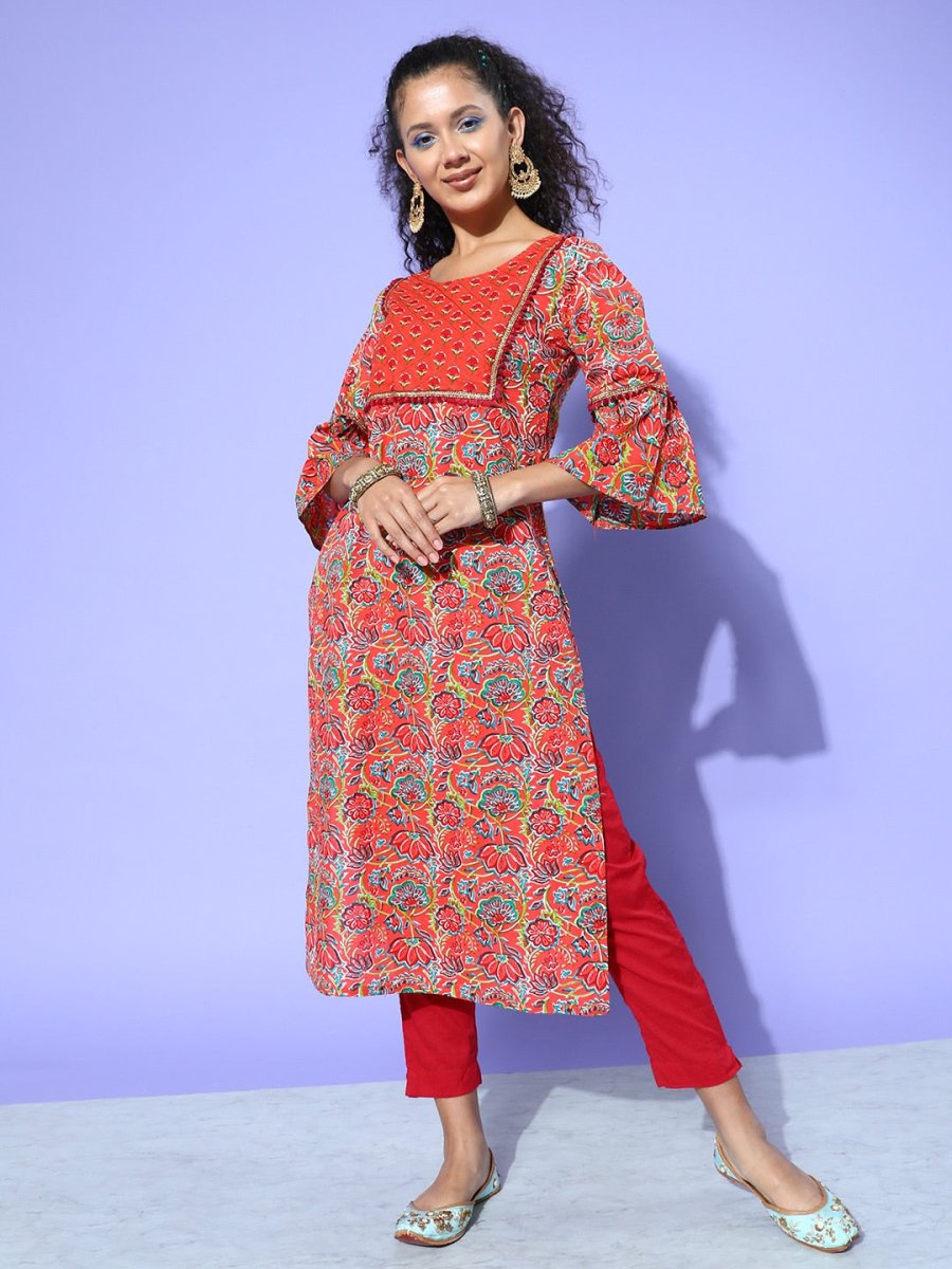 All About You Women Orange & Green Floral Printed Bell Sleeves Gotta Patti Kurta - Distacart