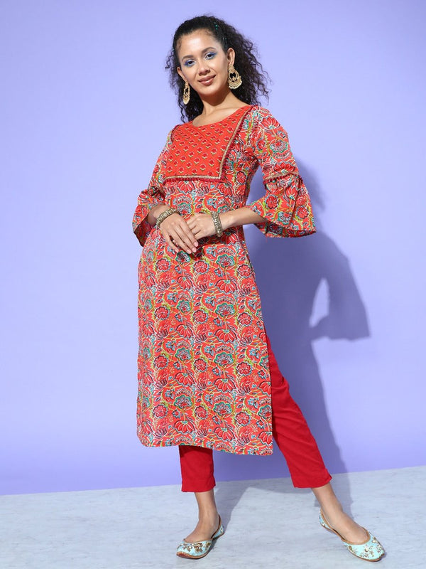 All About You Women Orange & Green Floral Printed Bell Sleeves Gotta Patti Kurta - Distacart