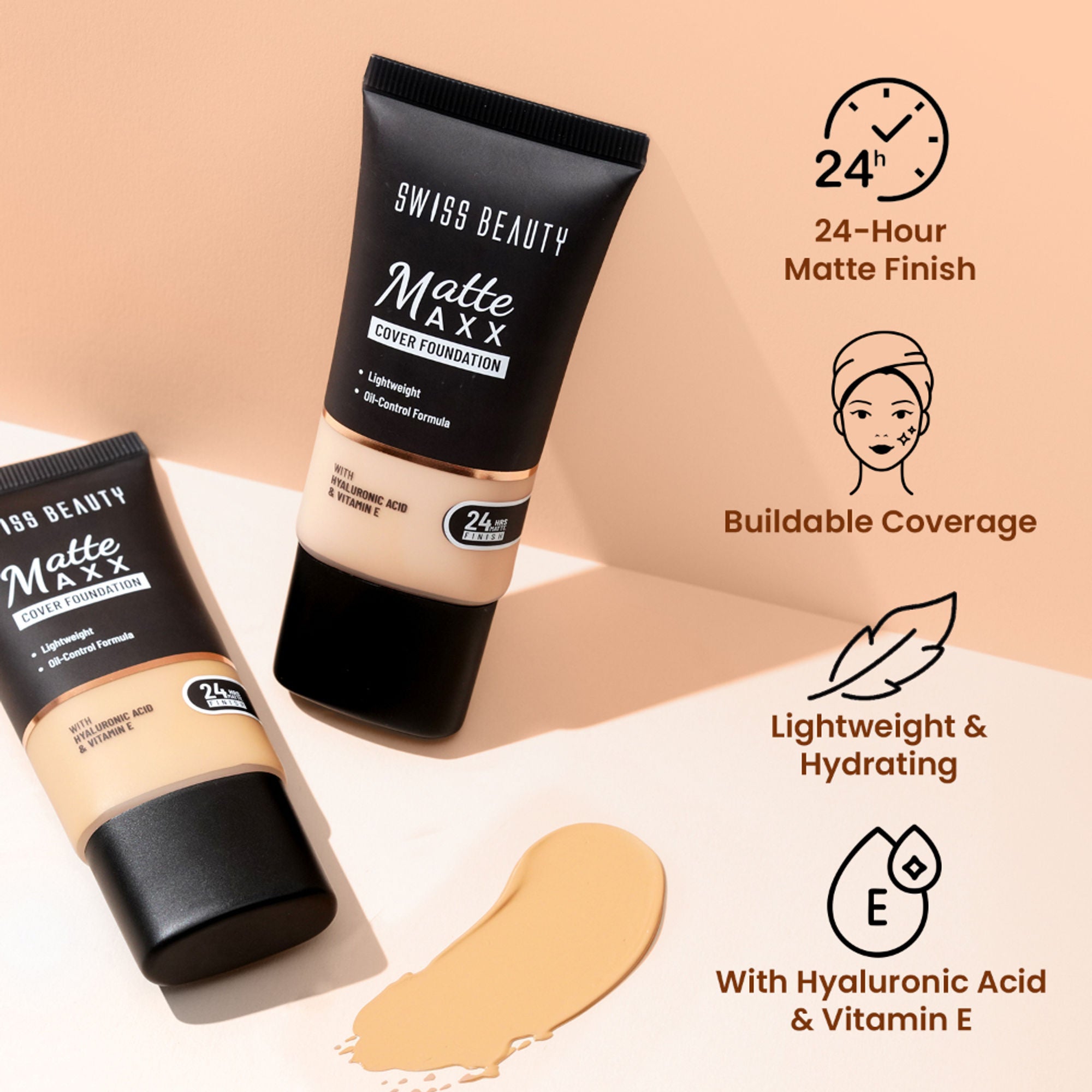 Swiss Beauty Matte Maxx Cover Foundation with Hyaluronic Acid & Vitamin E - 3 Light Warm - Distacart