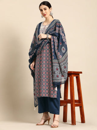 Anouk Women Navy Blue & Maroon Ethnic Printed Cotton Kurta with Palazzos & Dupatta - Distacart