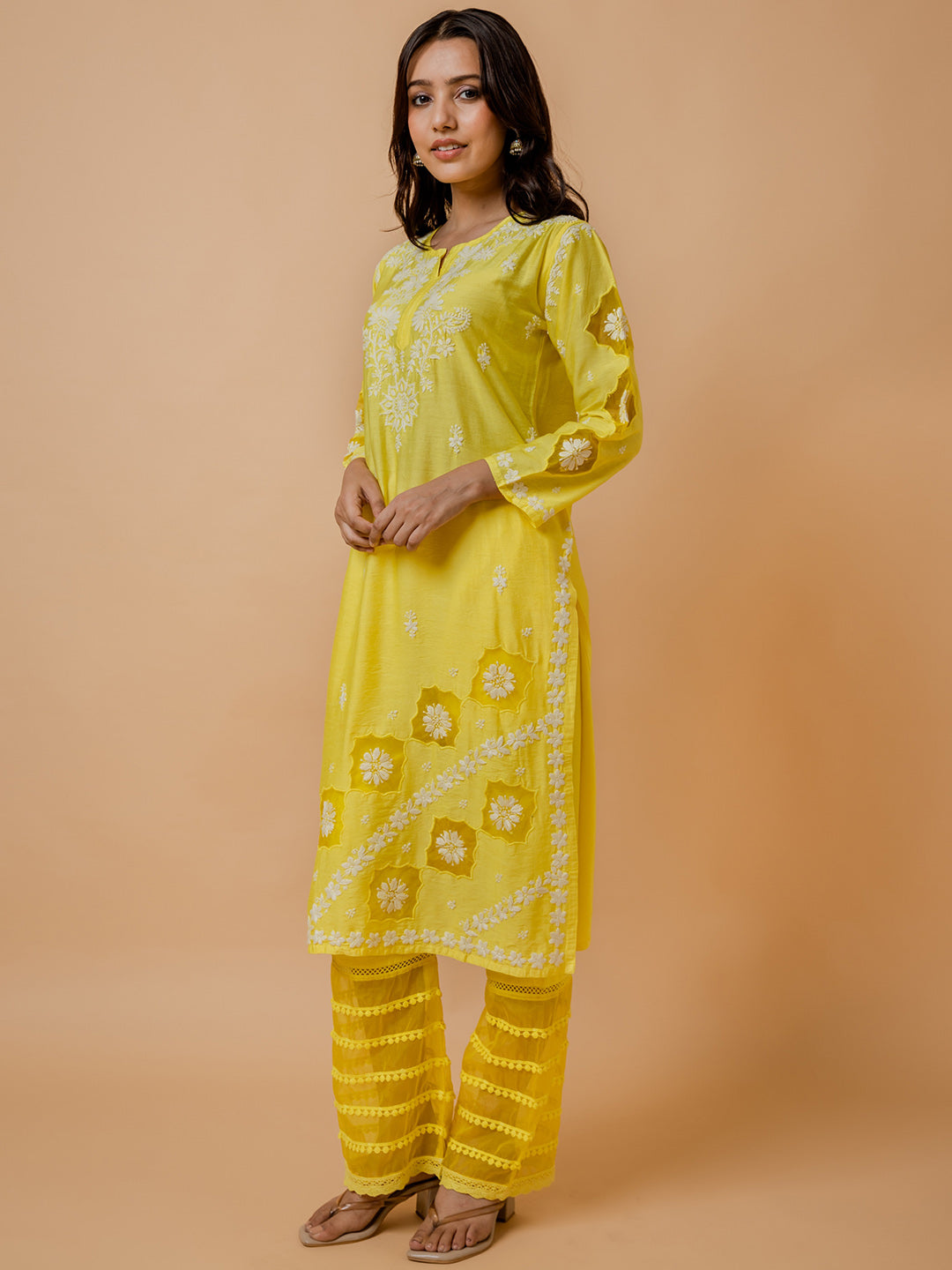HOUSE OF KARI Ethnic Motifs Embroidered Round Neck Chikankari Chanderi Silk Kurta - Distacart