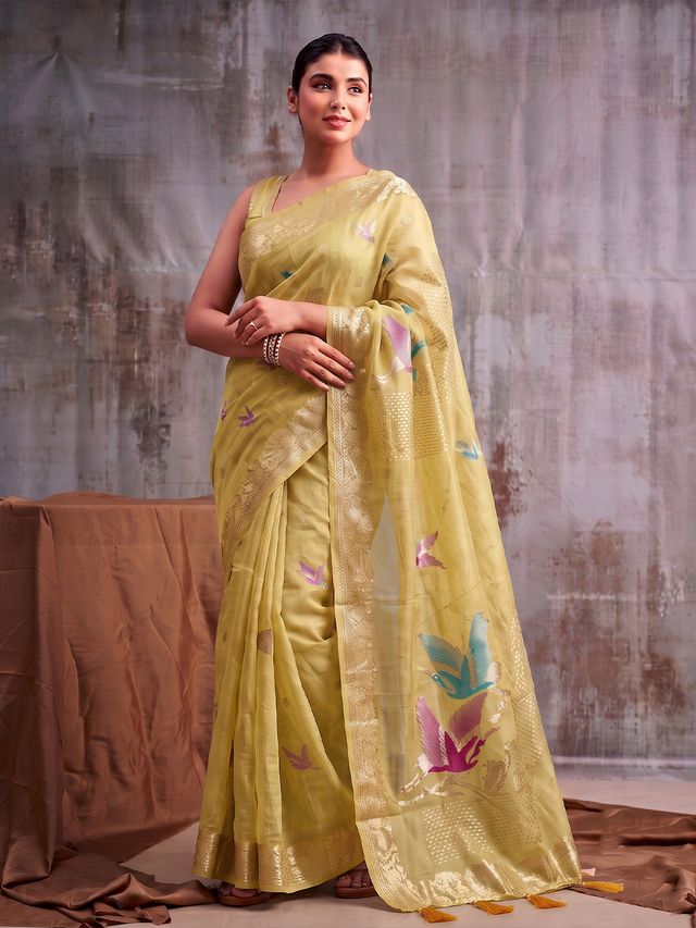 Shree Shyam Fashion Woven Work Linen Cotton Fabric Festive Wear Saree With Blouse—Mustrd - Dista