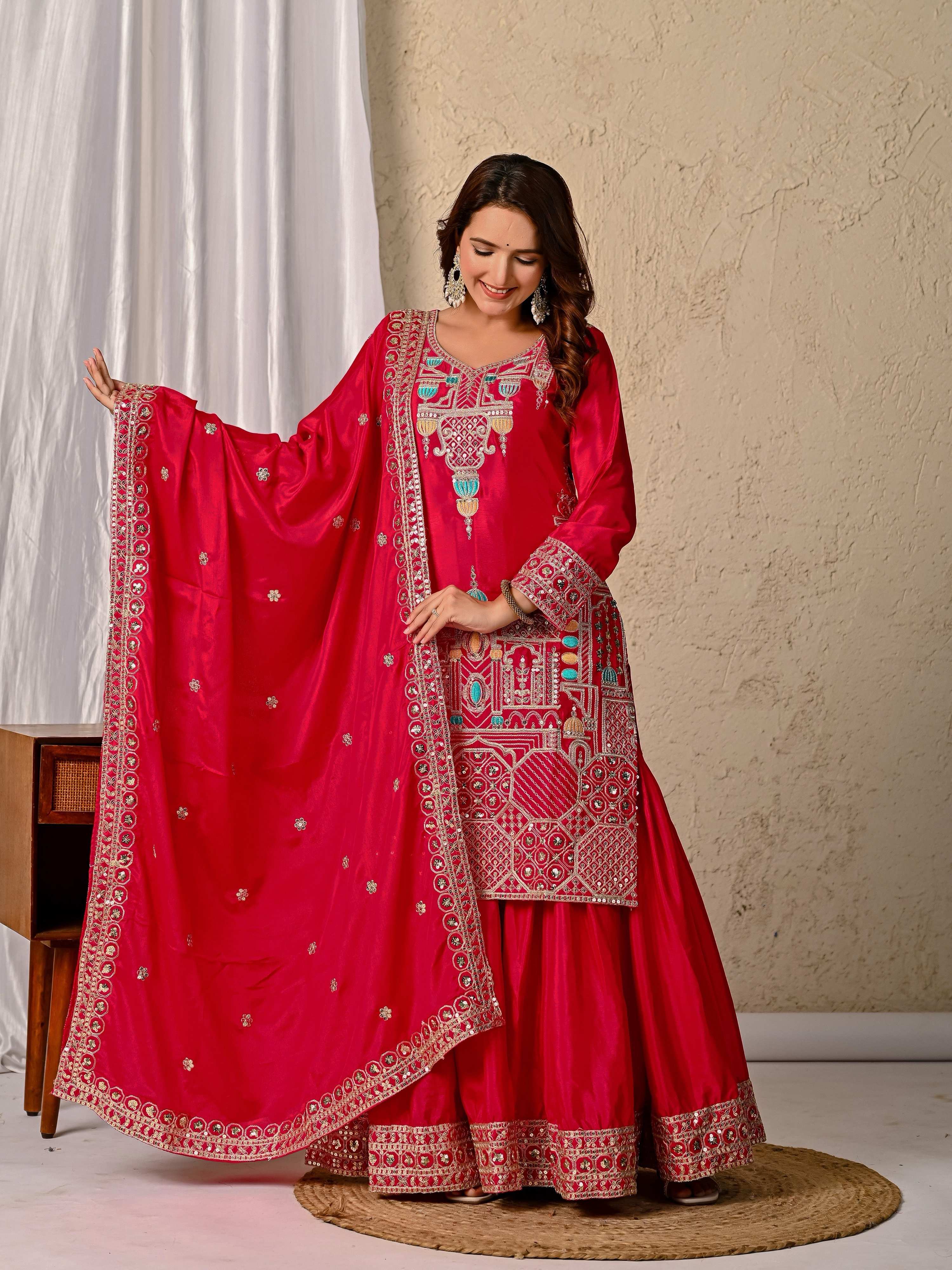 Yash Enterprise Red Chinnon Silk Embroidery Party Wear Suit Set