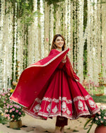 Thumbnail for Yash Enterprise Red Roman Silk Embroidery Suit Set