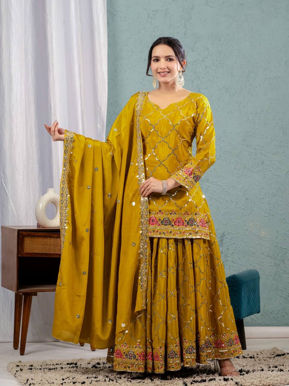 Yash Enterprise Yellow Georgette Embroidery Party Wear Suit Set