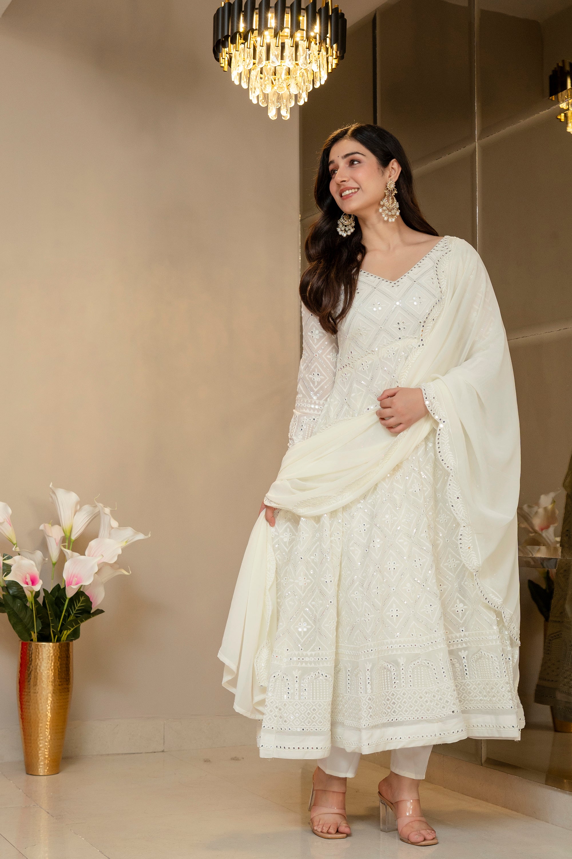 Yash Enterprise Off White Georgette Party Wear Embroidery Suit Set - Dista