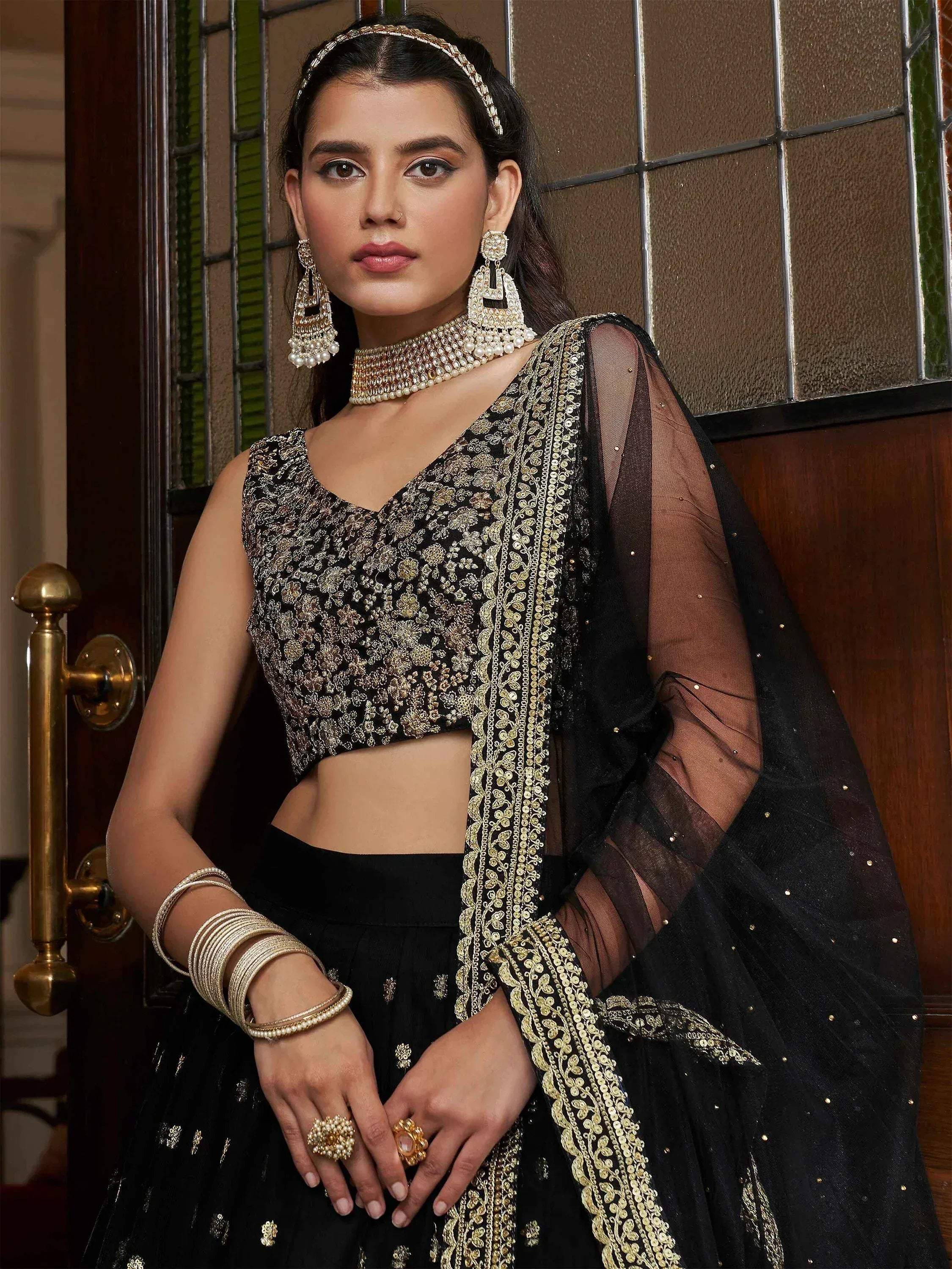 Tulsi Art Dazzling Black Sequin Embroidered Net Lehenga Choli