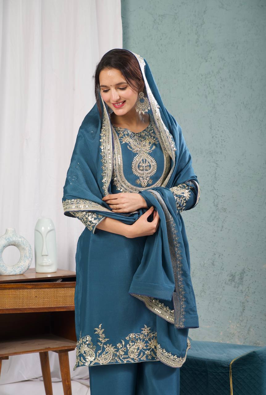 Yash Enterprise Rama Chinnon Silk Embroidery Party Wear Suit Set
