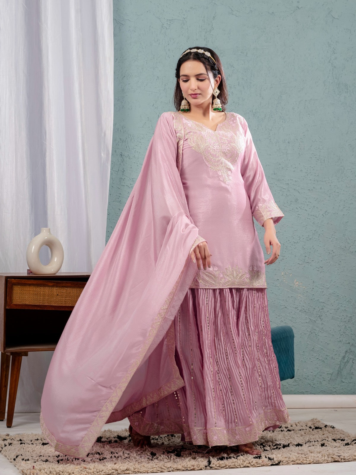 Yash Enterprise Pink Chinon Silk Embroidery Party Wear Suit Set