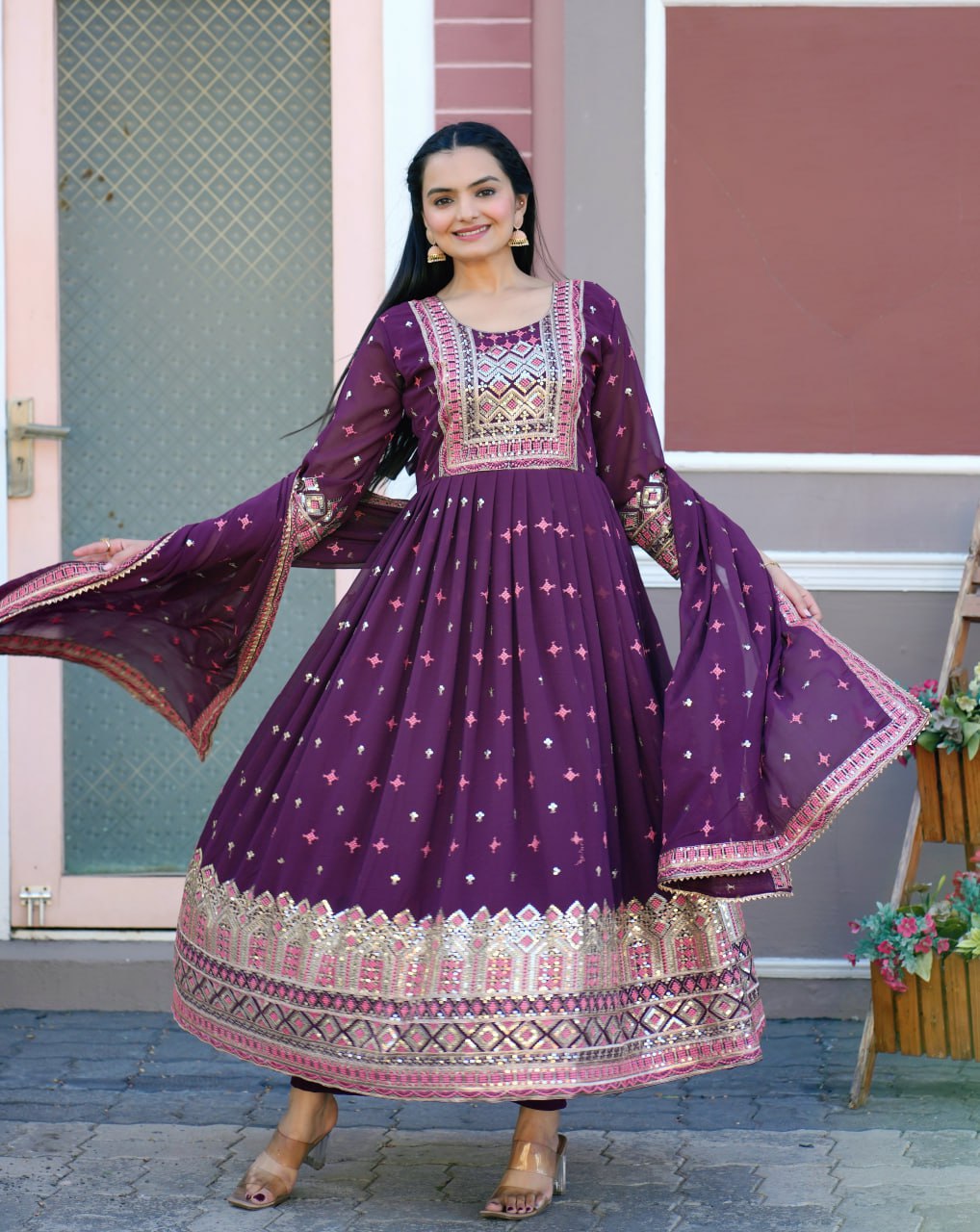 Yash Enterprise Wine Georgette Party Wear Embroidery Party Wear Suit Set