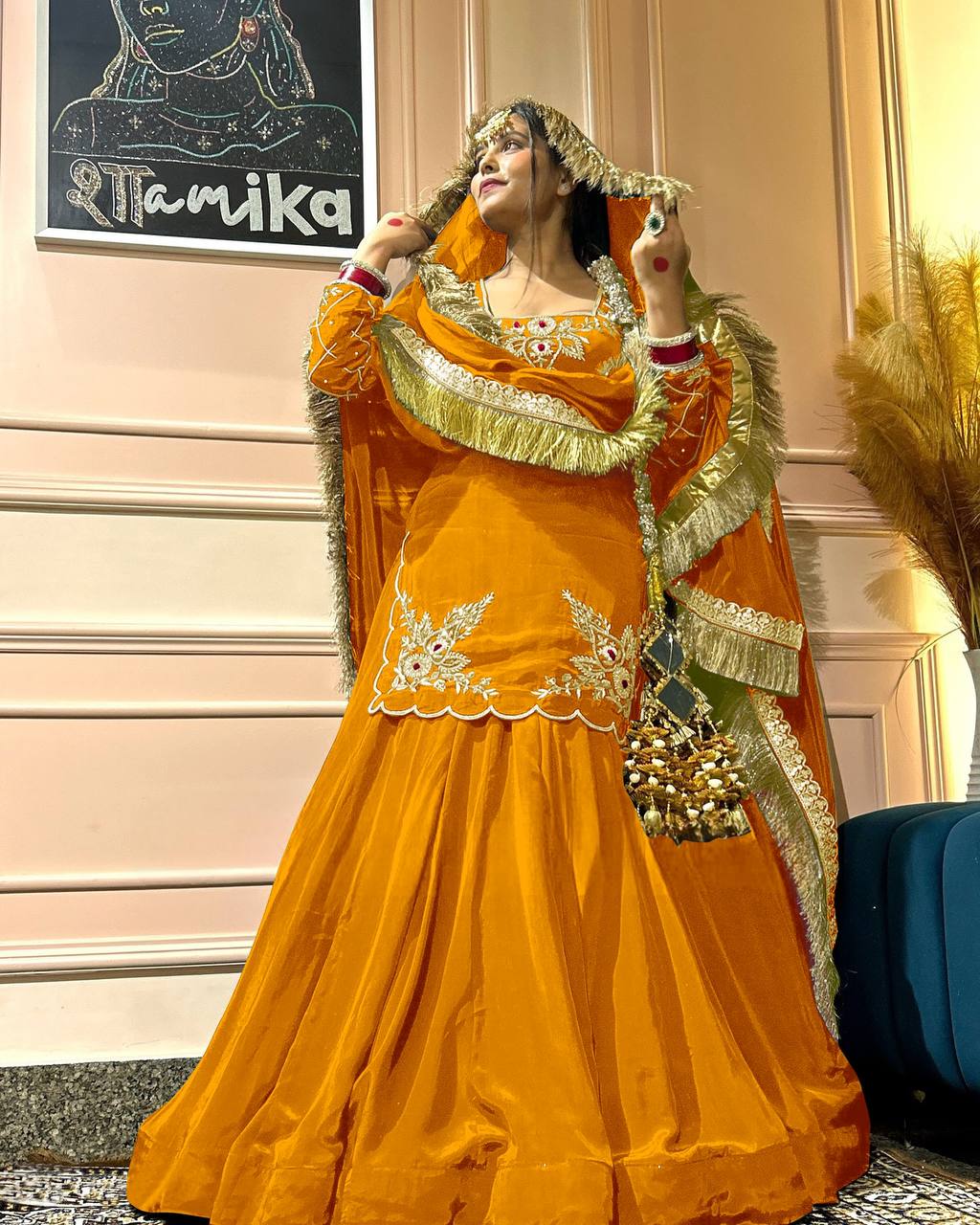 Yash Enterprise Yellow Natural Crep Silk Full Sleeve Top Lehengha