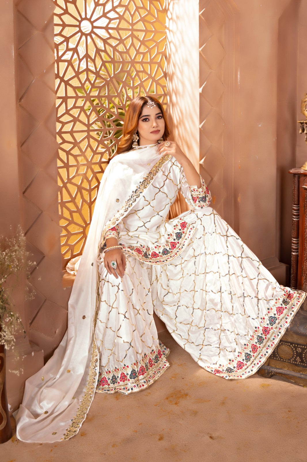 Yash Enterprise White Chinon Silk Embroidery Party Wear Suit Set