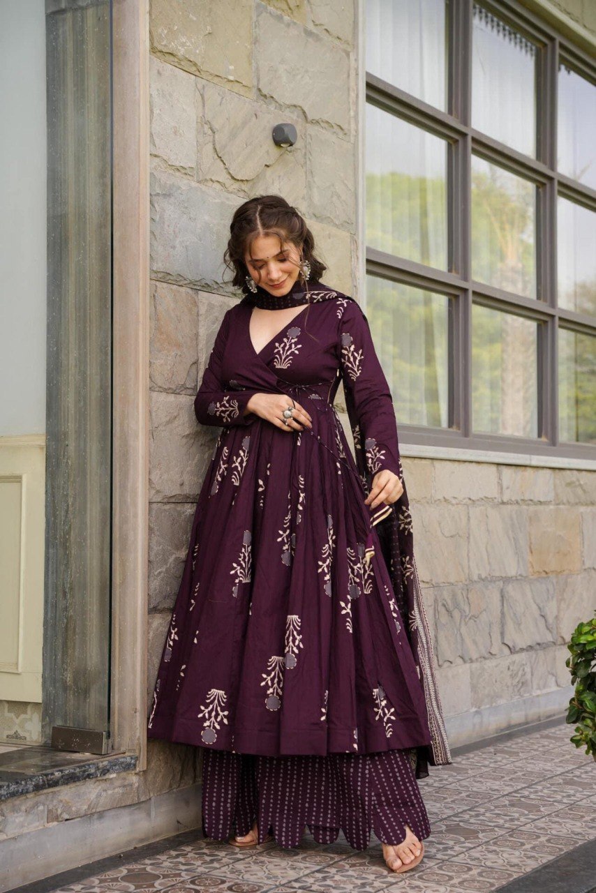 Yash Enterprise Coffee Maslin Fabric Digital Print Work Anarkali Suit Set