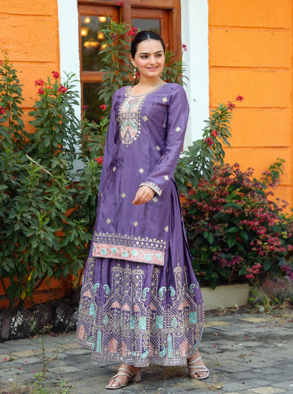 Yash Enterprise Purple Chinon Silk Party Wear Embroidery Suit Set