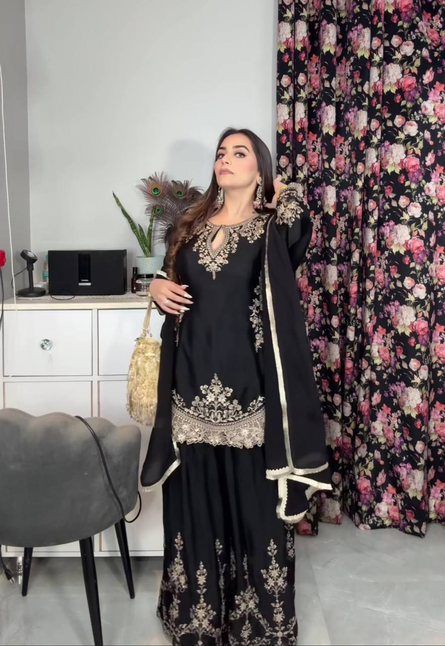 Yash Enterprise Black Chinon Silk Embroidery Party Wear Plazo Set