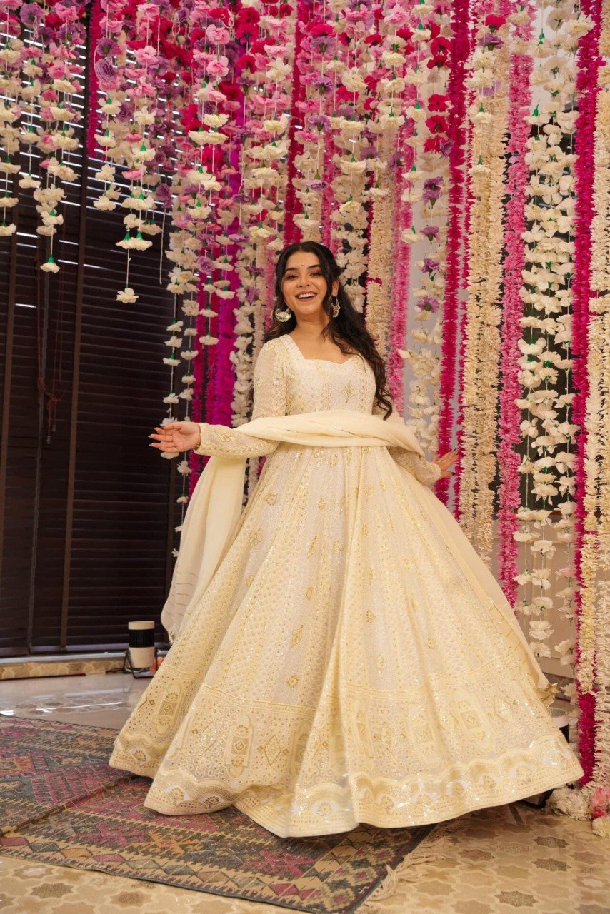 Yash Enterprise Cream Georgette Embroidery Paert Wear Suit Set